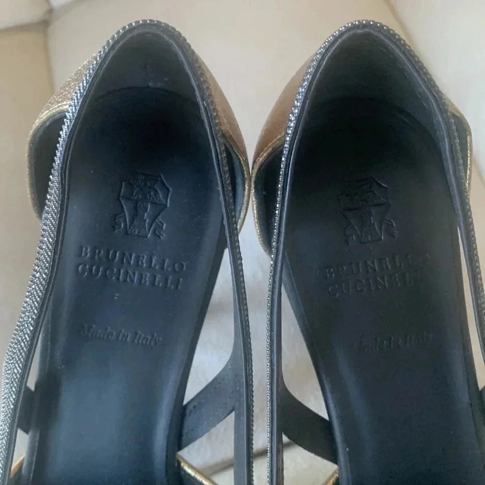 NWOT BRUNELLO CUCINELLI gold leather 4 inch heel pumps w/ signature beads sz 37 - Picture 3 of 8